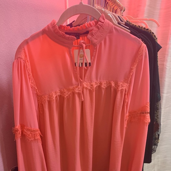 SOLD Coral Long Sleeve Lace Detail Neck Tie Blouse - Picture 3 of 3